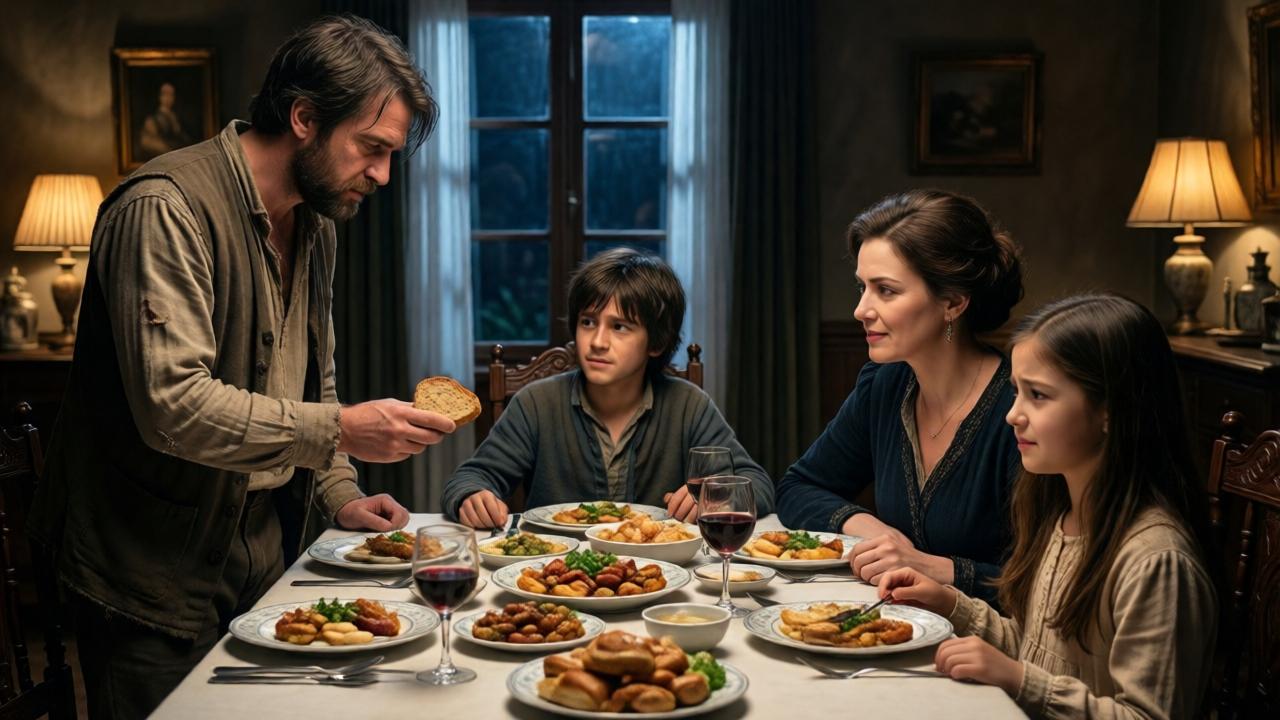 Una escena dramática en un comedor familiar durante la cena. Un hombre con ropa pobre está de pie, apartado de la mesa llena de comida, mientras su hermano le ofrece un trozo de pan seco. La madre, elegantemente vestida, mira con desdén al hijo pobre y sonríe cariñosamente a la hija. La hermana tiene una expresión de angustia y conflicto moral. Iluminación teatral con claroscuro, colores cálidos en la mesa y fríos en la figura del protagonista. Estilo cinematográfico, plano general que capta la tensión de grupo.