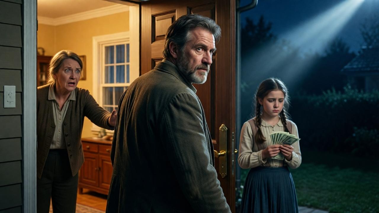 Un hombre, ahora con postura digna y ropa vieja pero con expresión de poder revelado, de espaldas, saliendo por la puerta principal hacia la noche. Detrás de él, en el interior iluminado de la casa, se ve a la madre con gesto de shock y arrepentimiento falso, extendiendo una mano hacia él. La hermana está en un segundo plano, sosteniendo el fajo de dinero con una mirada de tristeza y reflexión. Iluminación dramática con un haz de luz de la puerta cortando la oscuridad exterior. Estilo de cine dramático, colores contrastados entre el cálido interior y el frío azul de la noche. Composición en plano americano.