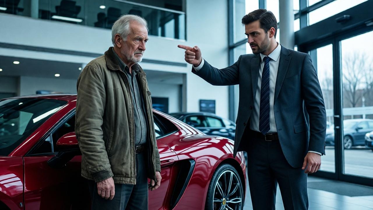 Vista cinematográfica desde un ángulo bajo dentro de un lujoso concesionario de coches. Un hombre anciano con una chaqueta beige desgastada y sencilla (Werner) está de pie, pequeño, frente a un coche deportivo brillante de color rojo rubí. Un gerente joven, con un traje caro impecable, se yergue frente a él con una postura agresiva, señalando hacia la puerta con desprecio. La luz es fría y clínica, reflejándose en la pintura perfecta del coche. El contraste entre la humildad del anciano y la opulencia arrogante del entorno es palpable. Estilo: fotografía dramática con iluminación de alto contraste, colores saturados para el coche, tonos más apagados para la ropa de Werner. Enfoque en la expresión de desdén del gerente.