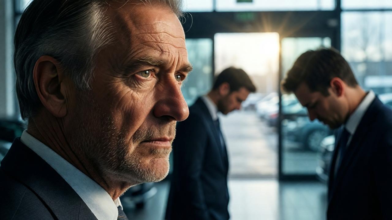 Primer plano intenso y emocional. Werner, el anciano, está a punto de darse la vuelta para irse. Su perfil muestra una calma inquietante, una dignidad inquebrantable. En el fondo, desenfocados, se ven los otros vendedores de traje, cabizbajos y avergonzados, evitando la mirada. La composición divide el encuadre: Werner en un lado, en penumbra pero con determinación en los ojos, y el mundo frío y brillante del concesionario en el otro. Un rayo de luz natural entra por la puerta principal, iluminando solo el camino hacia la salida. Estilo: retrato dramático, iluminación Rembrandt, profundidad de campo baja. Colores cálidos en la piel de Werner contra los tonos metálicos y fríos del fondo. La atmósfera es de tensión contenida y juicio silencioso.