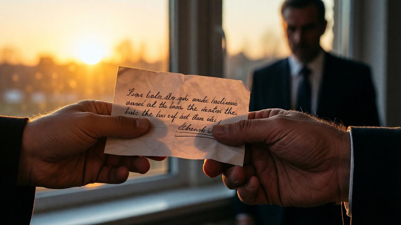 Escena simbólica y poderosa al atardecer. Un plano detalle de dos manos. La mano joven y ligeramente temblorosa de la aprendiz sostiene un papel doblado y arrugado, sobre el que se ha escrito una dirección con letra firme y anciana. La otra mano, envejecida y con venas marcadas (la de Werner), se retira suavemente después de haber entregado el papel. La toma está iluminada por la cálida luz dorada del atardecer que entra por una ventana, creando un contraste dramático con la escena fría anterior. En el fondo, muy desenfocado, se ve la silueta amenazante del gerente observando desde la distancia. El foco está en el papel, el objeto de transformación. Estilo: cinematográfico, emocional, con un tono de esperanza y misterio. Colores cálidos y profundos.