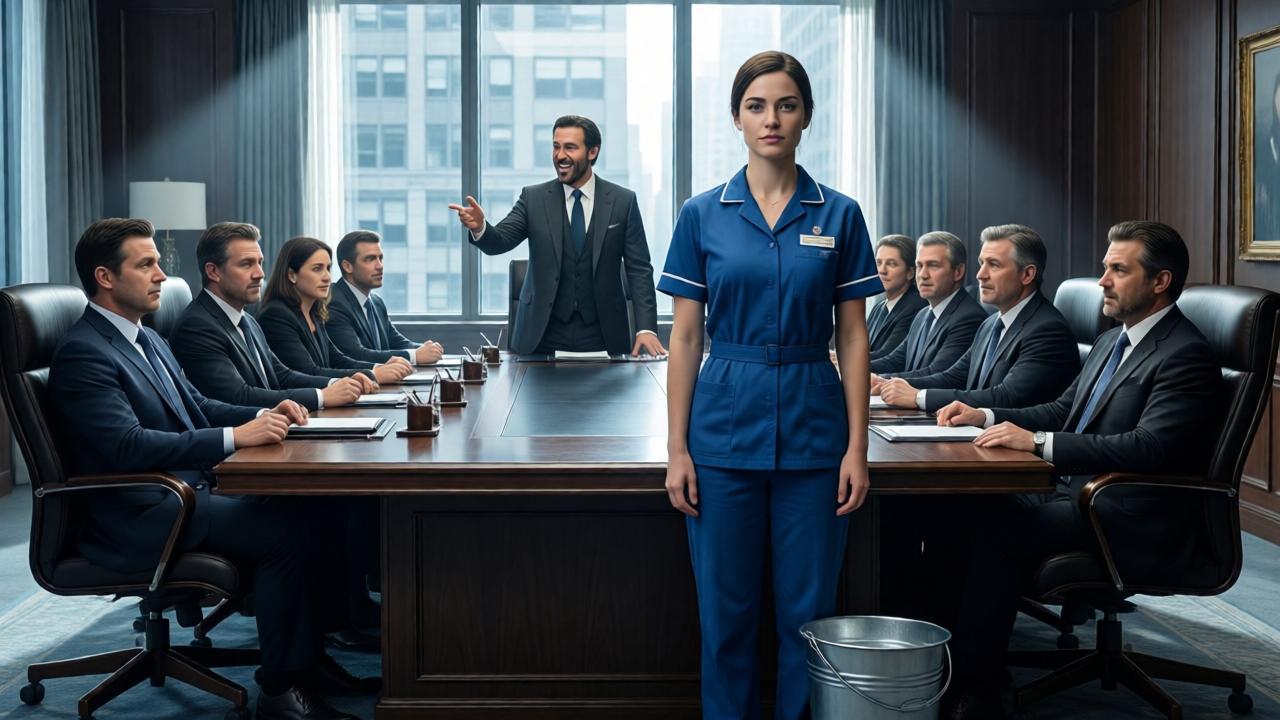 Escena dramática en una lujosa sala de juntas de Manhattan. Un hombre de traje caro, Leonardo, de pie al frente de una mesa de caoba larga, se ríe con la boca abierta, apuntando con desdén. En primer plano, Clara, una joven de 26 años con uniforme de limpieza azul y un cubo metálico a sus pies, mantiene una postura erguida y una expresión de calma inquebrantable. Diez abogados sentados alrededor de la mesa muestran una mezcla de burla, incomodidad y sorpresa. La luz entra por ventanales altos, creando fuertes contrastes de claroscuro. Estilo cinematográfico, tonos fríos de acero y madera oscura, enfoque en el contraste entre los trajes elegantes y el humilde uniforme.