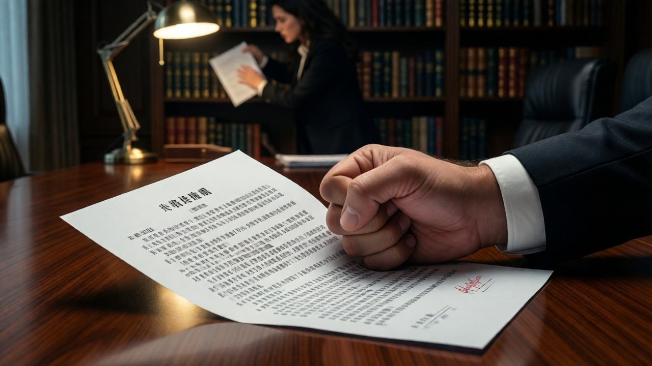Primer plano de un contrato legal esparcido sobre una mesa de conferencias de caoba pulida. Las páginas están llenas de intrincados caracteres chinos. Una mano con traje y puño crispado (de Leonardo) agarra el documento, arrugándolo ligeramente por la tensión. Al fondo, desenfocada, se ve la silueta de Clara, detenida mientras limpia un estante de libros, mirando fijamente los papeles. La luz de una lámpara de mesa ilumina solo el contrato y la mano, creando un foco dramático en el texto incomprensible que es la clave de todo. Ambiente de suspense, tonos cálidos y oscuros, estilo de thriller corporativo.