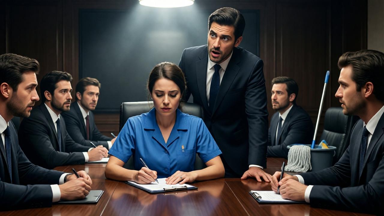 Clara sentada a la cabecera de la larga mesa de conferencias, bajo el foco de una luz cenital dramática. Viste su uniforme de limpieza azul, que contrasta violentamente con los lujosos trajes oscuros de los abogados que la rodean, ahora inclinados hacia ella con expresiones de absoluto asombro y vergüenza. Sus manos, trabajadoras, escriben con rapidez y seguridad en un bloc de notas, traduciendo el contrato. Leonardo está de pie detrás de ella, su postura arrogante se ha derrumbado; mira sobre su hombro, con los ojos muy abiertos y la boca entreabierta, en un gesto de incredulidad total y humillación. El cubo y la fregona yacen olvidados en un rincón, fuera de foco. Composición poderosa, emocional, con un fuerte mensaje de redención y giro del destino.