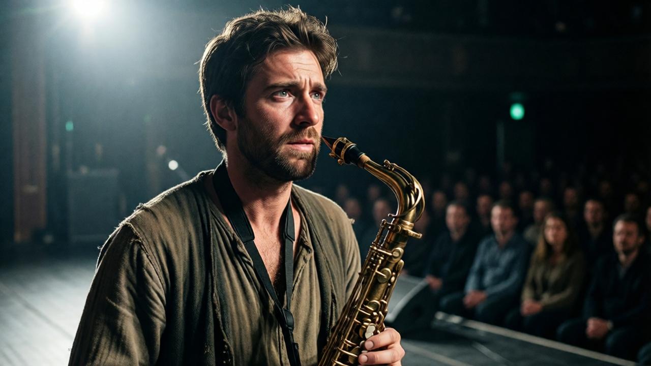 Un primer plano dramático de Daniel en un escenario vacío, bajo un foco de luz dura. Tiene la ropa humilde y sujeta un saxofón viejo con reverencia. Su rostro está iluminado desde un lado, mostrando una mezcla de miedo y determinación en sus ojos. El fondo está en penumbra, con las siluetas borrosas de un público expectante. El estilo es cinematográfico, con un alto contraste y una paleta de colores fríos y terrosos, enfatizando la soledad y la tensión del momento previo al primer sonido.