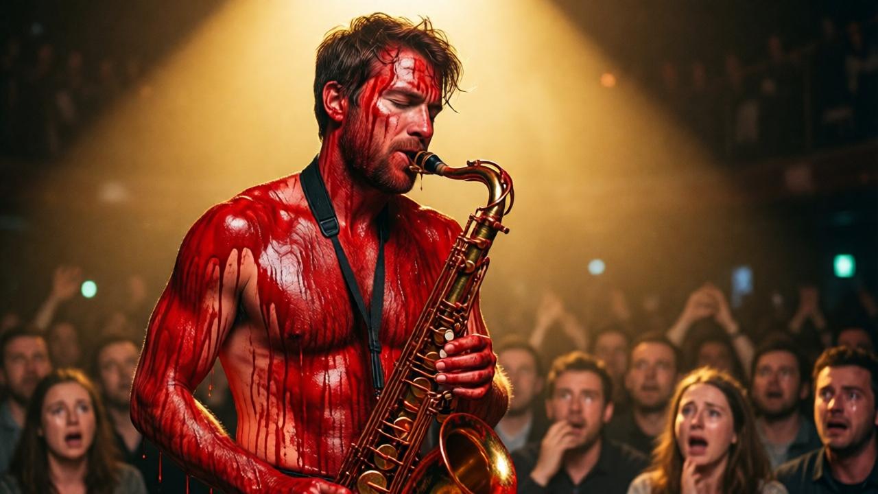 Daniel en el centro del escenario, completamente cubierto de pintura roja brillante que gotea por su cuerpo y su saxofón. Cierra los ojos con intensidad, completamente absorto en la música. La luz del escenario se ha transformado, ahora es un haz dorado y cálido que lo envuelve como un halo, contrastando dramáticamente con la pintura. El público, antes borroso, ahora se ve en primer plano con expresiones de shock y asombro, algunas bocas abiertas, otras con lágrimas comenzando a brotar. El estilo es emotivo y épico, con un enfoque nítido en Daniel y un desenfoque artístico en los alrededores.