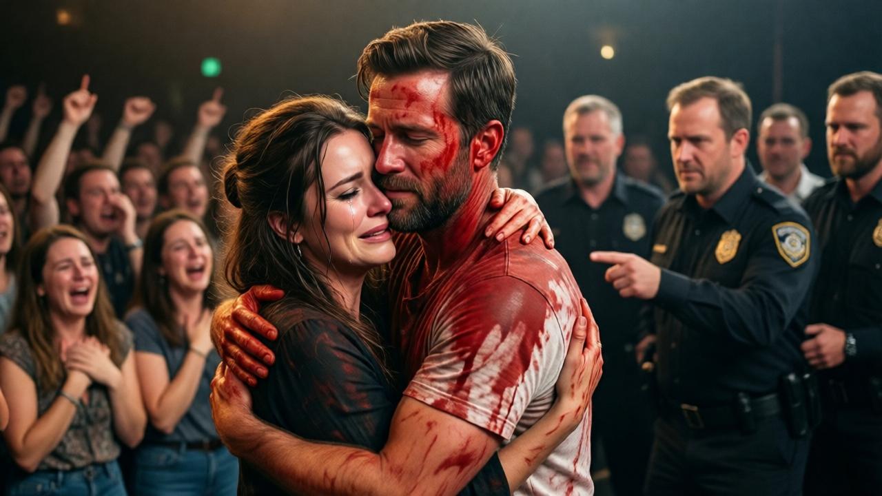 Un abrazo desgarrador y emotivo en el escenario. Claire, una mujer elegante con lágrimas recorriendo sus mejillas, abraza con fuerza a Daniel, quien aún está cubierto de pintura roja. Ella entierra su rostro en su hombro, y él cierra los ojos, una expresión de paz y dolor infinito en su rostro. Alrededor, el público está de pie, muchos llorando abiertamente, otros con las manos en el corazón. En un rincón del escenario, Richard es escoltado por guardias de seguridad mientras algunos espectadores lo señalan con desprecio. La composición es íntima y poderosa, con un enfoque suave y una luz cálida y dorada que simboliza el reencuentro y la redención.