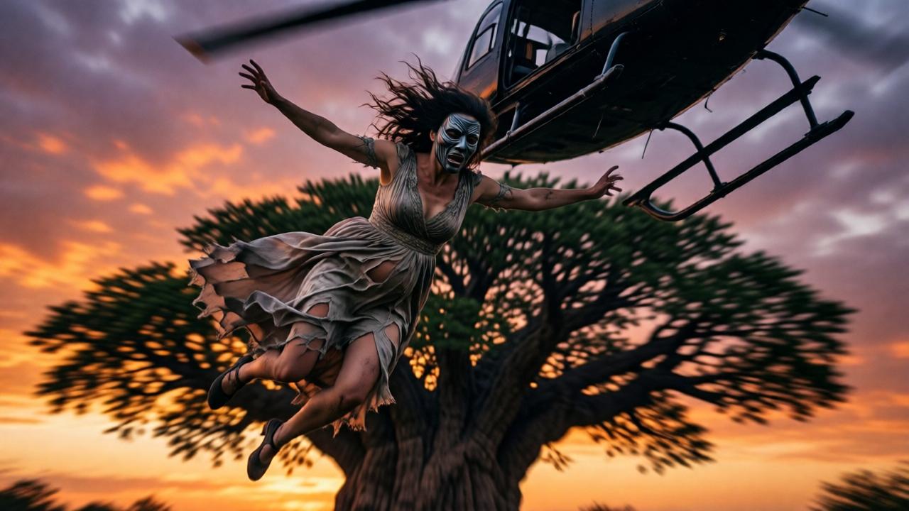 Escena dramática y cinematográfica desde un ángulo bajo. Una mujer con un vestido elegante y desgarrado cae en picado desde un helicóptero negro contra un cielo crepuscular anaranjado y púrpura. Sus brazos están extendidos, su rostro es una máscara de terror y determinación, mientras protege instintivamente su vientre. Abajo, se ve la copa borrosa de un árbol gigantesco y antiguo, sus ramas como brazos abiertos. El estilo es hiperrealista, con un enfoque nítido en la mujer y un desenfoque de movimiento en el fondo. La luz del atardecer crea un contraste dramático entre la elegancia de su ropa y la brutalidad de la caída.