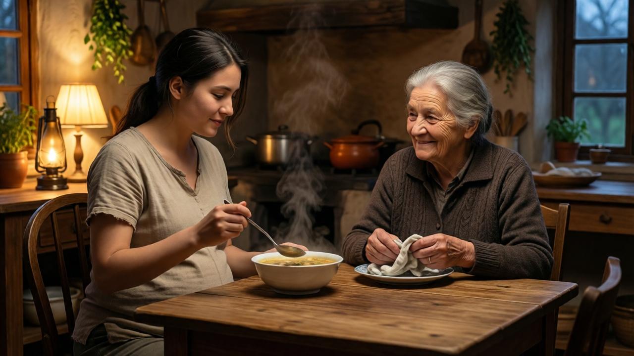 Interior cálido y íntimo de una cocina rural al anochecer. Una mujer joven, embarazada, con ropas sencillas y limpias pero gastadas, está sentada a una mesa de madera rústica. Sostiene una cuchara sobre un humeante plato de sopa. Frente a ella, una anciana de rostro bondadoso y arrugado observa con una sonrisa tranquila mientras seca un plato con un paño. El ambiente es acogedor: hay ollas de barro en la estufa, hierbas colgando del techo y la luz dorada de una lámpara crea sombras danzantes en las paredes. El estilo es realista y emotivo, enfatizando la paz, la seguridad y el primer momento de bondad verdadera tras la tragedia.