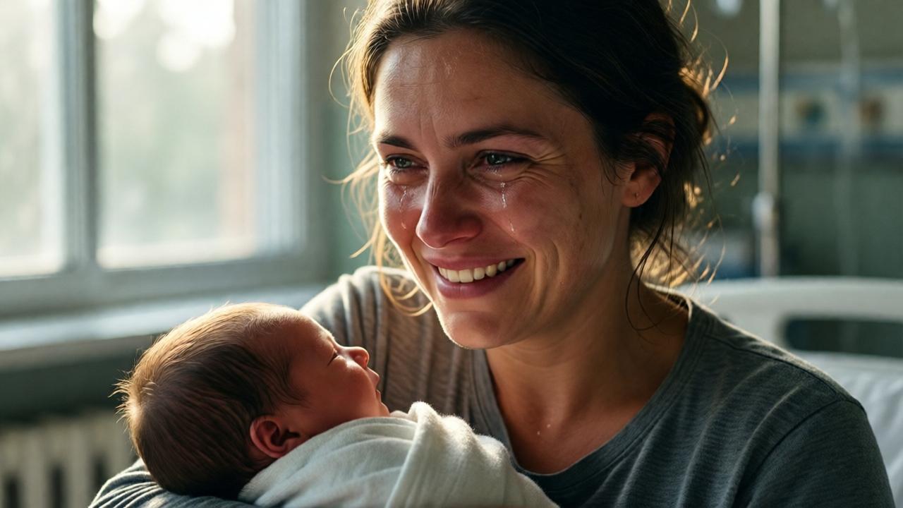 Primer plano emotivo y poderoso. Una mujer, ahora con fuerza y serenidad en el rostro, a pesar de la fatiga visible, sostiene a su bebé recién nacido envuelto en una manta sencilla. Sus mejillas están húmedas de lágrimas, pero sonríe con una expresión de amor feroz e inquebrantable. La luz entra suavemente por una ventana, iluminando sus rostros y creando un halo alrededor del bebé. En el fondo desenfocado, se intuye la sala de partos sencilla. El estilo es cinematográfico y profundamente conmovedor, capturando el momento del renacimiento, la resiliencia absoluta y el comienzo de una nueva saga. La mirada de la madre transmite una determinación inquebrantable y una promesa de futuro.