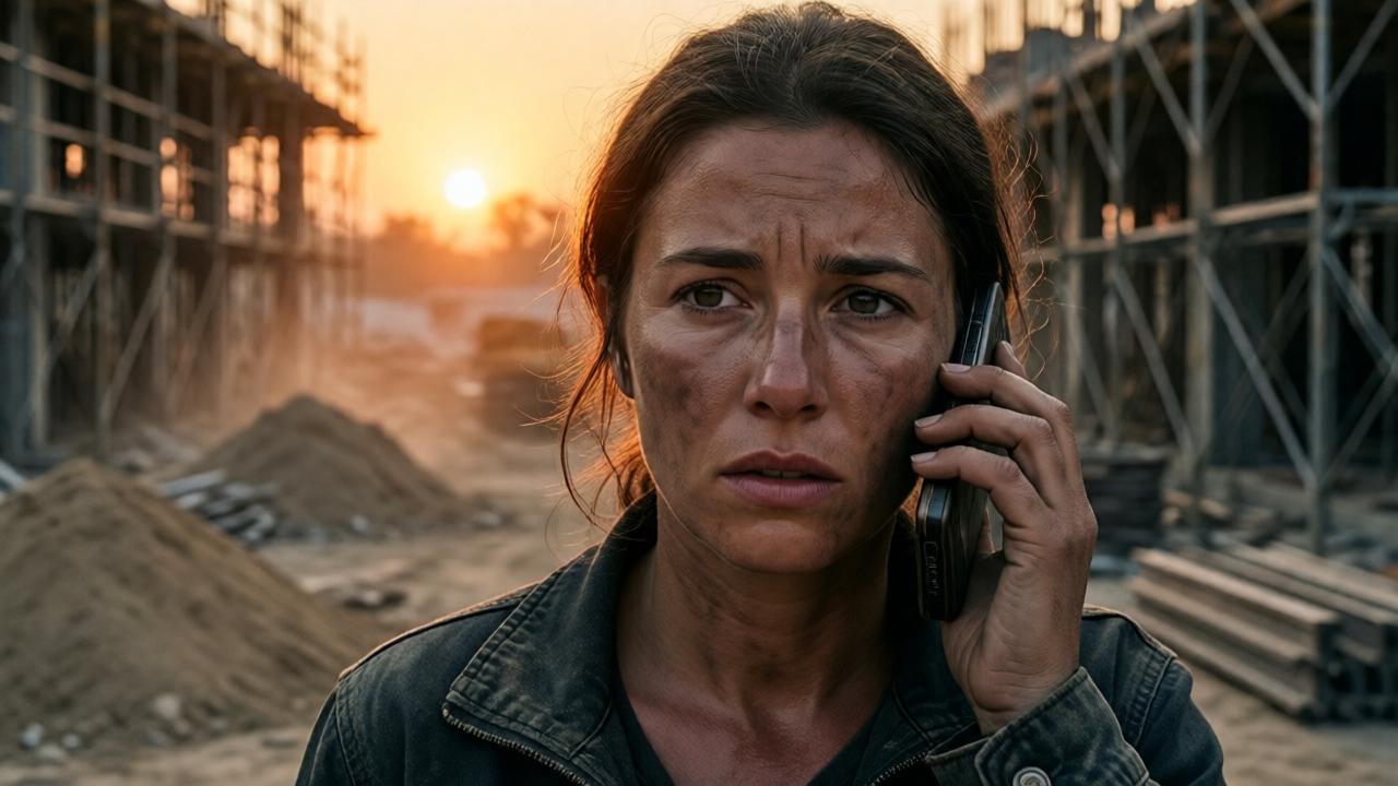 Primer plano cinematográfico de Lisa, una mujer trabajadora de unos 30 años, de pie en una obra de construcción al atardecer. Su rostro está manchado de polvo y sudor, reflejando una profunda preocupación. Sostiene un teléfono móvil viejo contra su oreja. A su alrededor, el ambiente es de caos y trabajo pesado: andamios metálicos, montones de arena y el resplandor anaranjado del sol filtrándose a través del polvo en suspensión. La composición es íntima y dramática, enfatizando su aislamiento emocional en medio del bullicio. Estilo realista con un tono ligeramente desaturado, salvo por el cálido resplandor del atardecer.