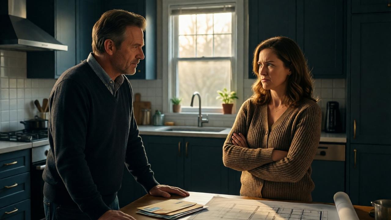 Escena de tensión doméstica. Henry, un hombre de 55 años con rostro sereno pero decidido, está de pie frente a su esposa en una cocina moderna. Ella, con los brazos cruzados y expresión de incredulidad y disgusto, le mira fijamente. La luz de la tarde entra por una ventana, creando un fuerte claroscuro que divide visualmente la escena y simboliza la brecha entre sus perspectivas. En la mesa, sobres de pago y planos de construcción. La atmósfera es densa, cargada de desacuerdo moral. Estilo cinematográfico, con colores cálidos pero un tono general frío que refleja la tensión emocional.