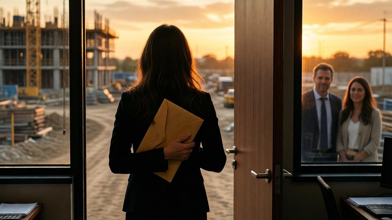 Momento crucial y emotivo. Lisa sale de la oficina portátil en la obra, sosteniendo firmemente el sobre de pago contra su corazón. Está de espaldas a la cámara, mirando hacia el vasto y caótico paisaje de la construcción. La luz del atardecer baña la escena en tonos dorados y dramáticos, creando una silueta poderosa. A través de la ventana de la oficina, se vislumbran las figuras borrosas de Henry y su esposa observando. La composición simboliza la encrucijada: el camino polvoriento de la obra frente a ella, y la puerta cerrada de la prueba moral detrás. Estilo cinematográfico, con un enfoque suave y una paleta de colores cálidos y terrosos, transmitiendo esperanza y tensión a la vez.