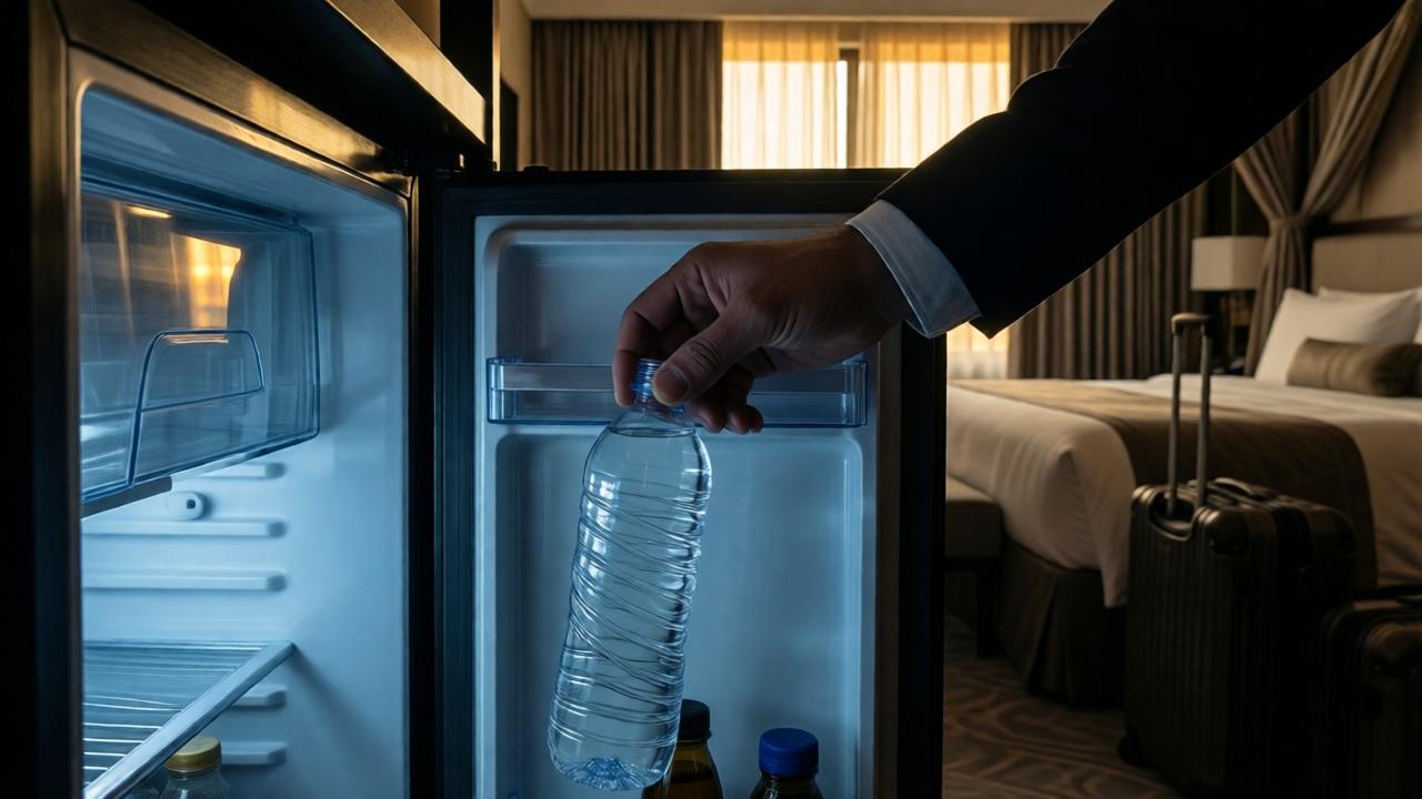Un primer plano cinematográfico de una mano masculina colocando una botella de agua mineral vacía y costosa de vuelta en la minibar de una suite de hotel de lujo. La habitación está en penumbra, con la luz del atardecer filtrándose por las cortinas de seda, creando reflejos en el cristal y el metal frío del refrigerador. El enfoque está en la botella y la mano, el resto de la habitación (cama con dosel, maletas de diseño) está desenfocado. Estilo: fotografía de alta gama con tonos dorados y azules profundos, atmósfera de suspense y lujo moralmente ambiguo.