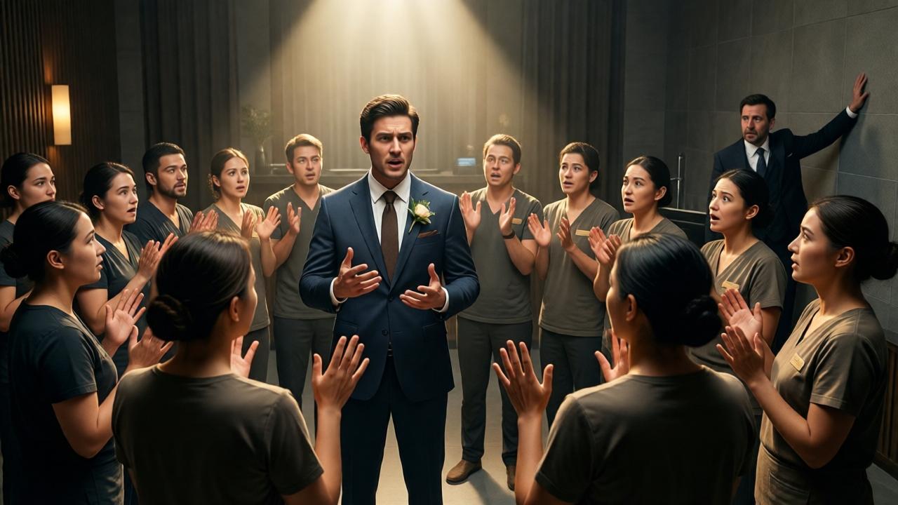 Una escena dramática dentro de un spa amplio y moderno. Un joven (el novio) está de pie en el centro, hablando con gestos firmes a un círculo de empleados de masajes y recepcionistas que lo miran con asombro y esperanza. Las manos de muchos de ellos están levantadas. El dueño, al fondo, observa con una mezcla de incredulidad y esperanza, aferrado a la pared. La iluminación es teatral, con un haz de luz cálida cayendo sobre el grupo central, resaltando las expresiones intensas y el momento de transformación. Estilo: fotografía editorial con alto contraste, colores tierra y toques de luz dorada, composición dinámica.