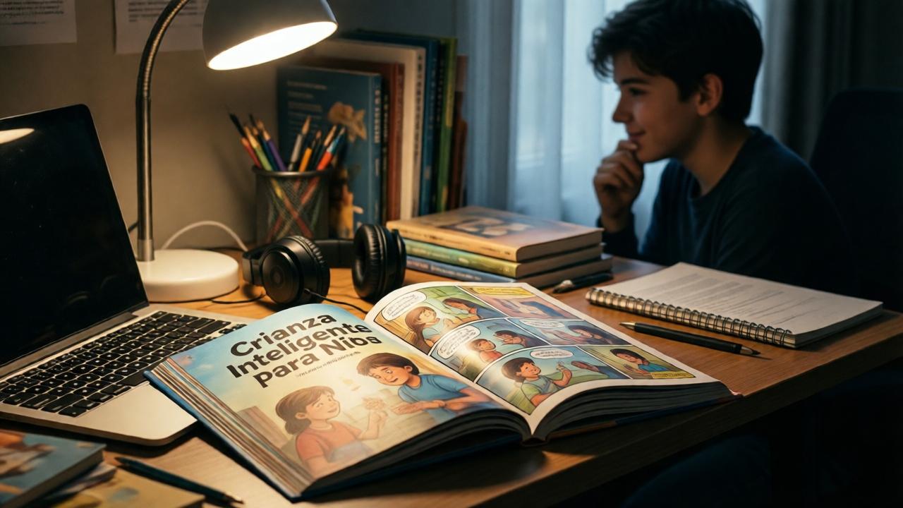 Un plano simbólico y emotivo. En un escritorio desordenado de un adolescente, junto a un portátil y unos auriculares, descansa abierto un libro de cómics colorido y moderno titulado 'Crianza Inteligente Para Niños'. La luz de una lámpara de escritorio ilumina sus páginas, que muestran viñetas de niños resolviendo conflictos con inteligencia. Al fondo, desenfocado, se ve la silueta del joven de la historia observando la escena con una sonrisa satisfecha y pensativa. La atmósfera es de esperanza, legado y conocimiento. Estilo: fotografía de bodegón narrativo, cálida y íntima, con profundidad de campo selectiva y un aire cinematográfico.