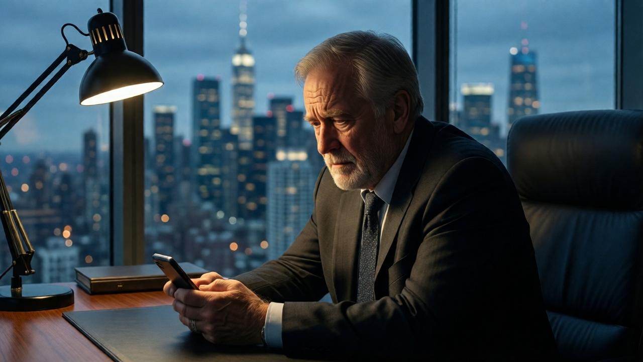 Un hombre mayor, Mike, sentado solo en una lujosa oficina vacía al anochecer. La luz tenue de una lámpara de escritorio ilumina su rostro cansado y reflexivo, lleno de tristeza y desilusión. En sus manos sostiene un teléfono móvil. A través del enorme ventanal se ven los rascacielos iluminados de la ciudad, creando un contraste entre su riqueza exterior y su pobreza emocional interior. Estilo cinematográfico, tonos fríos azules y grises, enfoque profundo en su expresión.