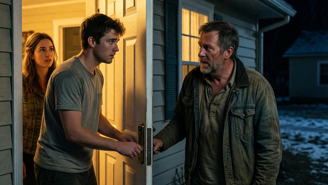 Una escena nocturna, dramática y conmovedora. Ryan, un hombre joven de ropa sencilla, acaba de abrir la puerta de su humilde casa. Su rostro muestra una expresión de inmediata preocupación y compasión al ver a su padre, Mike, temblando y con ropas sucias en el umbral. Detrás de él, su esposa Hannah observa con los ojos muy abiertos. La luz cálida y amarilla del interior de la casa se derrama sobre la oscuridad fría de la noche donde está Mike, simbolizando el refugio y el amor incondicional. Estilo realista, alto contraste emocional.