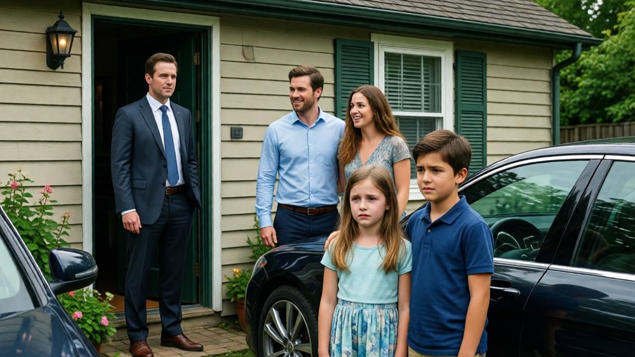 Una poderosa escena diurna frente a una casa humilde. Mike, ahora vestido con un elegante traje, se encuentra de pie en la puerta, con una expresión serena y decidida. A su lado están Ryan y Hannah, conmocionados pero sonriendo. Frente a ellos, parados junto a coches de lujo, están Olivia y Ethan, los dos hijos mayores, con rostros pálidos de incredulidad, vergüenza y arrepentimiento. La composición muestra un claro contraste moral entre los grupos. Estilo cinematográfico, luz natural brillante que ilumina la verdad, colores saturados que enfatizan la tensión emocional del momento.