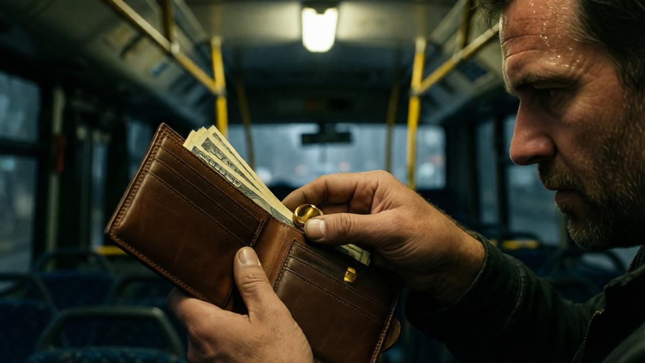 Un primer plano cinematográfico y dramático de las manos callosas y gastadas de un limpiador, sosteniendo una lujosa billetera de cuero marrón abierta en la penumbra de un autobús vacío. Dentro se ven fajos de billetes y el destello de un anillo de oro. La única luz proviene de una lámpara fluorescente parpadeante que se refleja en el sudor de su frente. Enfoque suave en la textura contrastante de la piel áspera contra el cuero liso. Estilo realista, paleta de colores oscuros y sombríos con toques de amarillo cálido del dinero y el oro. Composición que transmite tensión y peso moral.