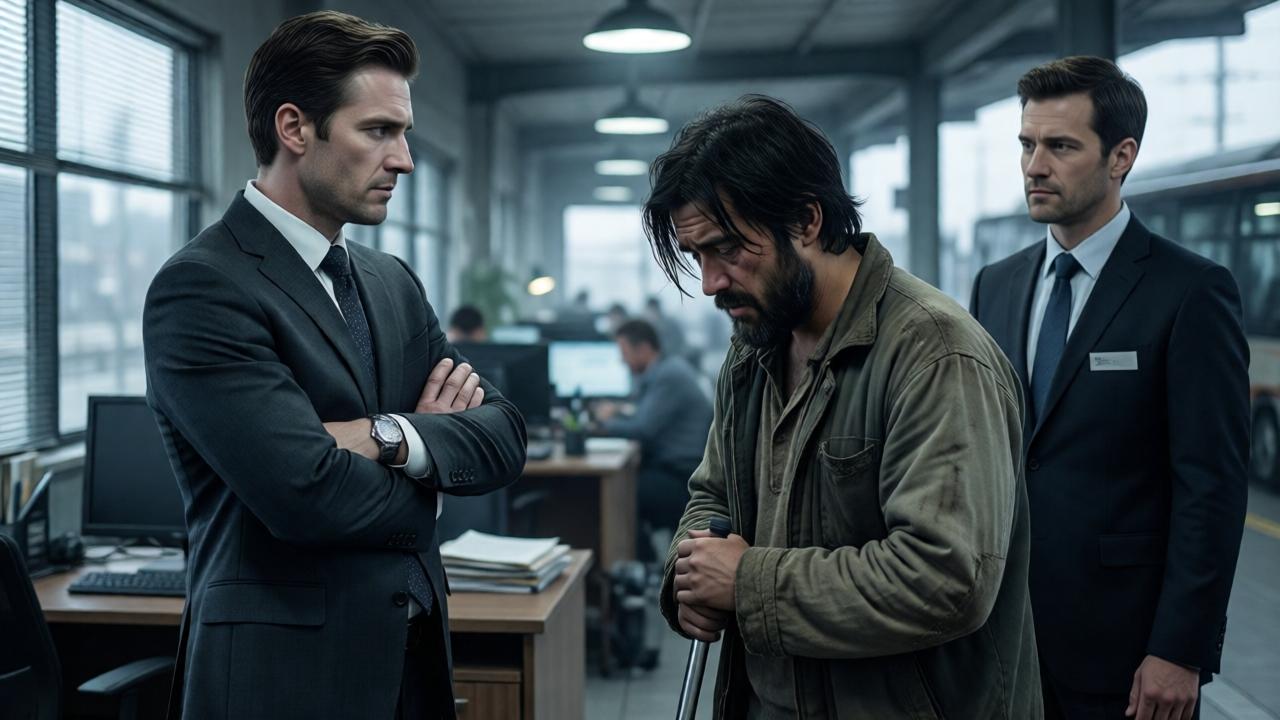 Escena de tensión dramática en una oficina de estación de autobuses iluminada por luz grisácea de la mañana. Un hombre con traje costoso (el empresario) de pie, con los brazos cruzados y una expresión glacial, confronta a un limpiador con ropa humilde y desgastada que está de pie, con la cabeza ligeramente agachada y los ojos llenos de confusión y dolor. Un tercer hombre (el asistente/empleado) se encuentra ligeramente apartado, observando con una mirada fría y satisfecha. La composición usa el espacio para mostrar la jerarquía y el conflicto. Estilo cinematográfico realista, colores fríos y apagados, enfatizando la desesperación del limpiador contra la rigidez del poder.