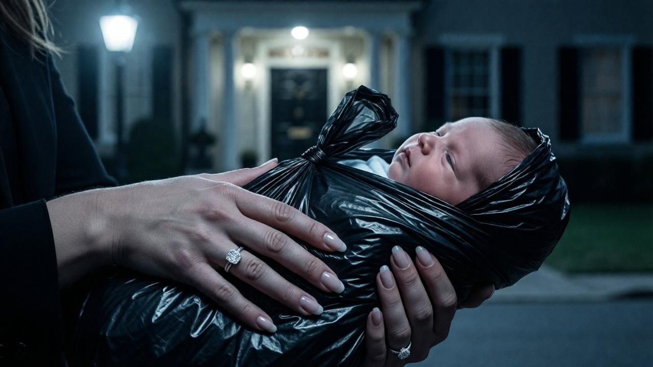 Escena nocturna dramática y sombría. Primer plano de unas manos femeninas, con uñas perfectamente manicuradas y anillos de diamantes, envolviendo apresuradamente a un recién nacido en una bolsa de basura negra. La escena se ilumina solo por la luz fría de una farola, que crea sombras profundas. El bebé es apenas un bulto. En el fondo, desenfocado, se ve la puerta de una mansión iluminada. Estilo cinematográfico, colores fríos (azules, grises), enfoque selectivo en las manos y la bolsa. Alto contraste, sensación de suspense y culpa.