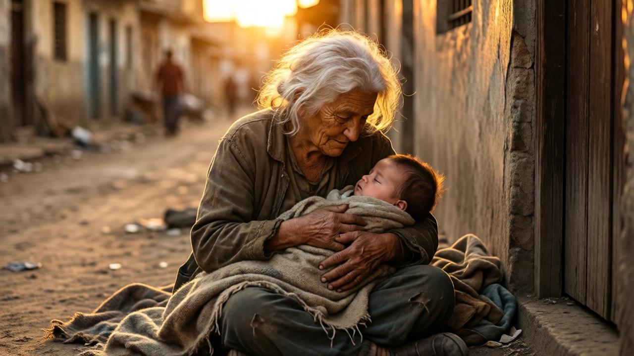 Escena íntima y conmovedora en un rincón de una calle desfavorecida. Una anciana sin hogar, de cabello blanco y despeinado, con ropas gastadas, está sentada en el suelo acunando con ternura a un bebé envuelto en una manta raída. La luz del atardecer, cálida y dorada, ilumina sus rostros, creando un halo alrededor de ellos. La expresión de la anciana es de profunda devoción y cansancio. El bebé duerme plácidamente. Alrededor, el ambiente es pobre pero la escena central emana una paz y un amor intensos. Estilo realista, pintura de luz clásica, colores cálidos (ocre, dorado, siena) que contrastan con la pobreza del entorno.