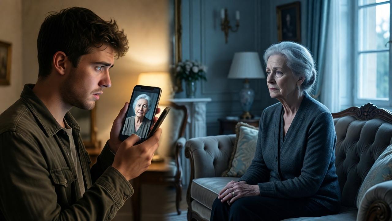 Escena dramática de contraste. A la izquierda, en un plano dividido, un joven (Lucas, unos 20 años) de pie en una habitación humilde pero limpia, mira fijamente la foto de una anciana en su teléfono móvil. Su expresión es de conmoción, dolor y reflexión profunda. A la derecha, desenfocada y en tonos más fríos, se ve a una mujer mayor elegante, sentada sola en un sofá de una lujosa sala vacía, mirando por la ventana con una expresión de vacío y culpa insondable. La luz que los separa es diferente: cálida y tenue sobre Lucas, fría y dura sobre la mujer. Estilo cinematográfico, iluminación de claroscuro, composición simbólica que muestra dos mundos y dos consecuencias.