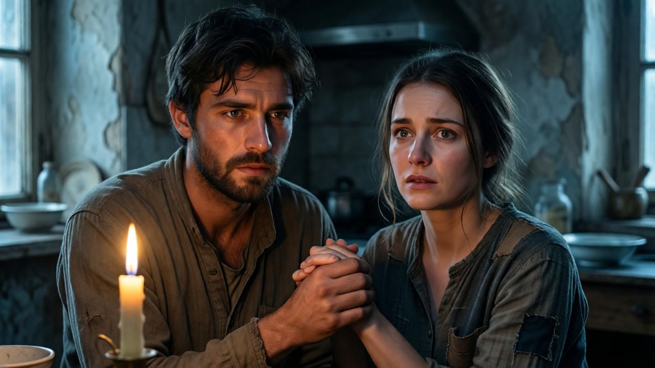 Escena dramática en una cocina humilde y mal iluminada. Noah, un hombre joven de apariencia cansada pero con una dignidad innata, sostiene las manos de Emma, una mujer de mirada bondadosa y asustada. La luz de una vela parpadeante ilumina sus rostros, creando sombras profundas en las paredes desconchadas. El contraste entre la pobreza del entorno y la revelación en sus ojos es palpable. Estilo cinematográfico, con un color grading frío que se torna cálido en sus rostros. Enfoque suave en el fondo, detalles de platos sencillos y ropa remendada.