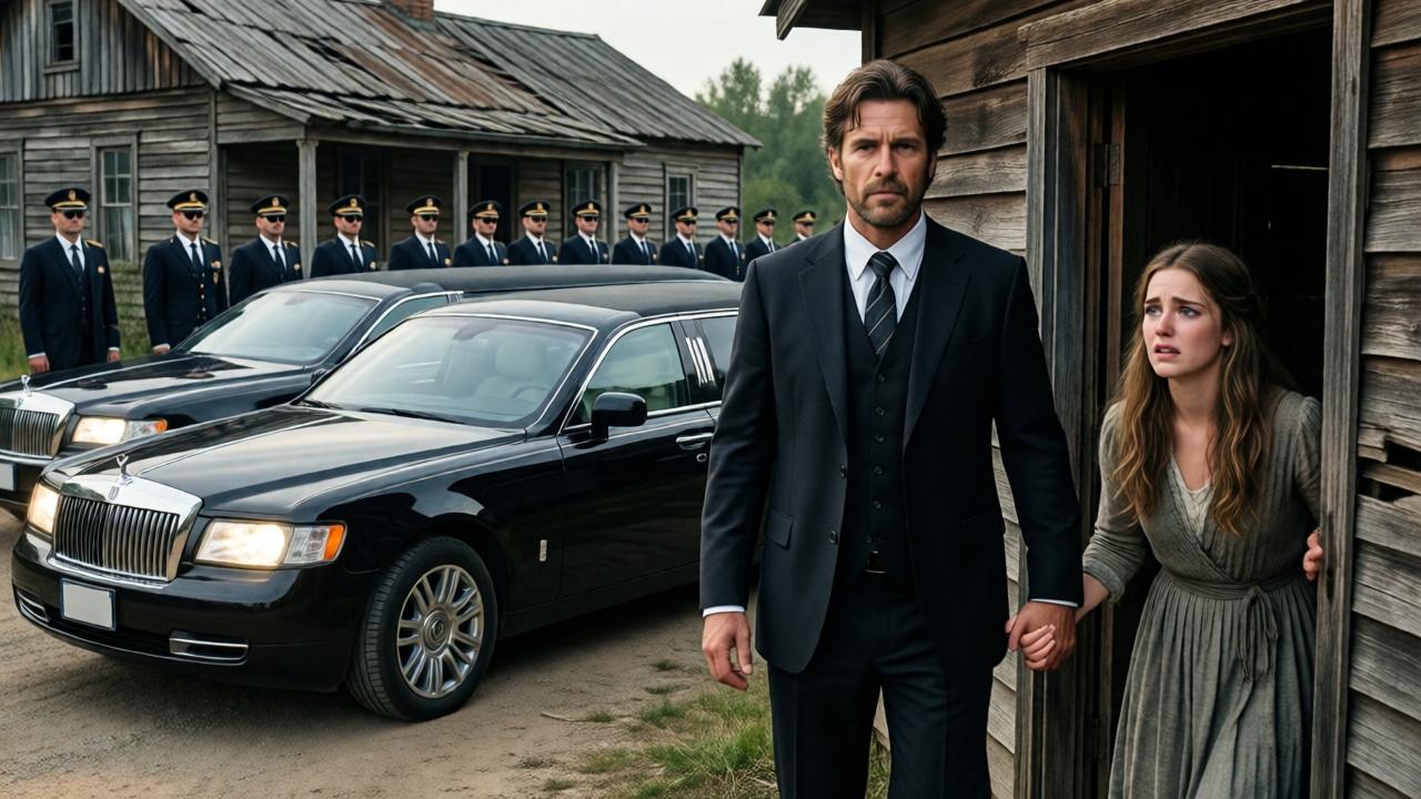 Contraste visual impactante. Una fila de limusinas negras relucientes y largas está estacionada frente a una casucha de madera vieja y descuidada, en un camino de tierra. Hombres con trajes elegantes y gafas de sol permanecen en formación militar, inmóviles. En primer plano, Noah, ahora de pie erguido y con una postura de autoridad natural, sale por la puerta destartalada, sosteniendo la mano de una Emma atónita y con lágrimas en los ojos. La luz de los faros de los coches ilumina la escena de manera dramática. Estilo de fotografía de alto contraste, casi como un cuadro.
