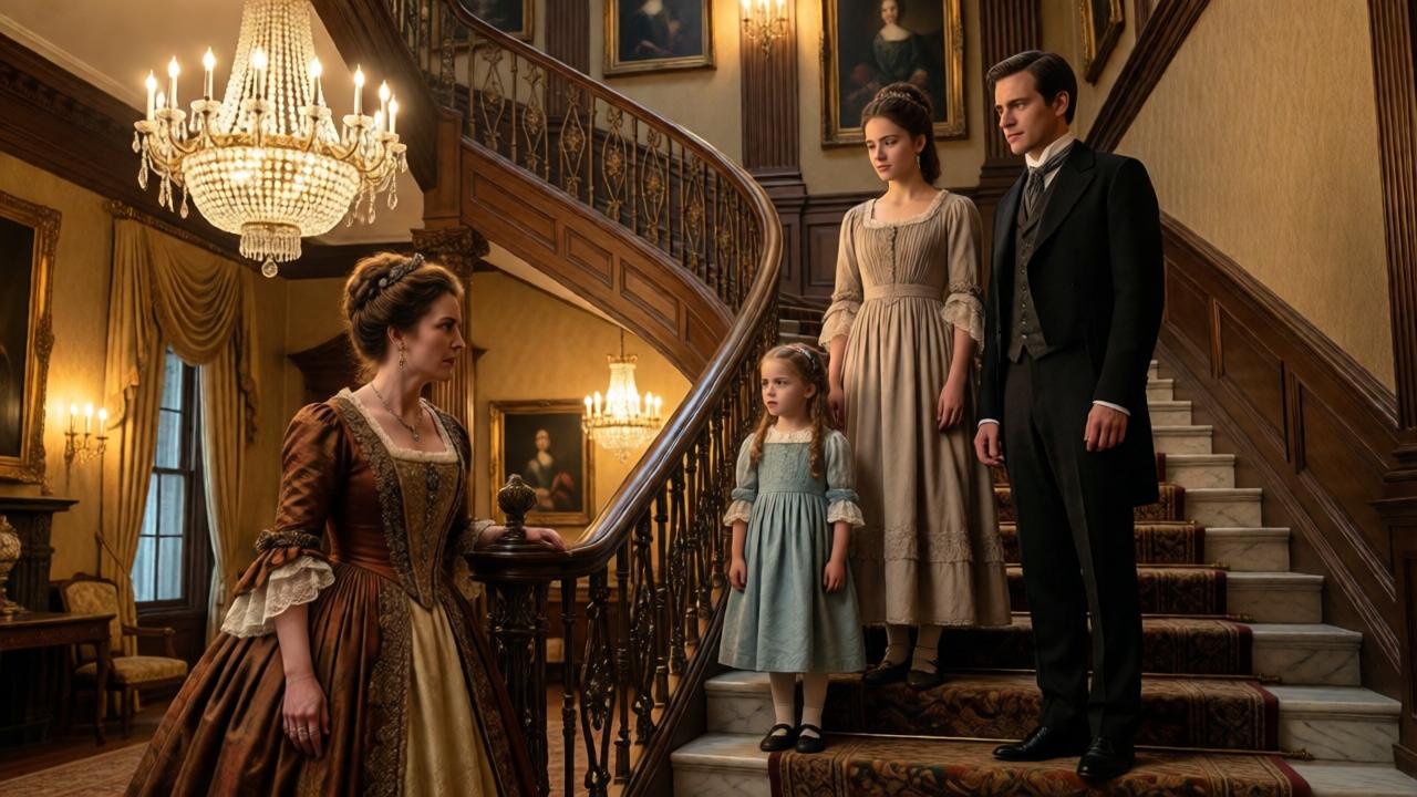 Escena interior opulenta en la gran mansión Hawthorne. Un salón con techos altos, una escalera de mármol y candelabros deslumbrantes. Linda, vestida con un traje llamativo pero pasado de moda, y sus dos hijas, parecen pequeñas y fuera de lugar en medio de tanta grandeza. De pie en lo alto de la escalera, Emma, ahora vestida con un elegante vestido, y Noah a su lado, con traje impecable, los observan con una calma impasible. La expresión de Linda es una mezcla de rabia, envidia y desesperación. La composición enfatiza la distancia social y moral entre ellos. Luz dorada y dramática, estilo de drama de época cinematográfico.