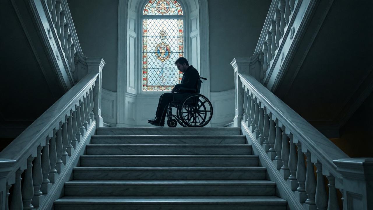 Un plano cinematográfico de la majestuosa escalera de mármol blanco de una mansión victoriana, iluminada por la luz tenue del atardecer que se filtra por un vitral. En la parte superior, una figura solitaria en una silla de ruedas de madera oscura (Noah) mira hacia abajo, creando una silueta dramática. La atmósfera es de suspense y melancolía, con sombras alargadas y tonos fríos de azul y gris. Composición simétrica que enfatiza la grandiosidad y el aislamiento.