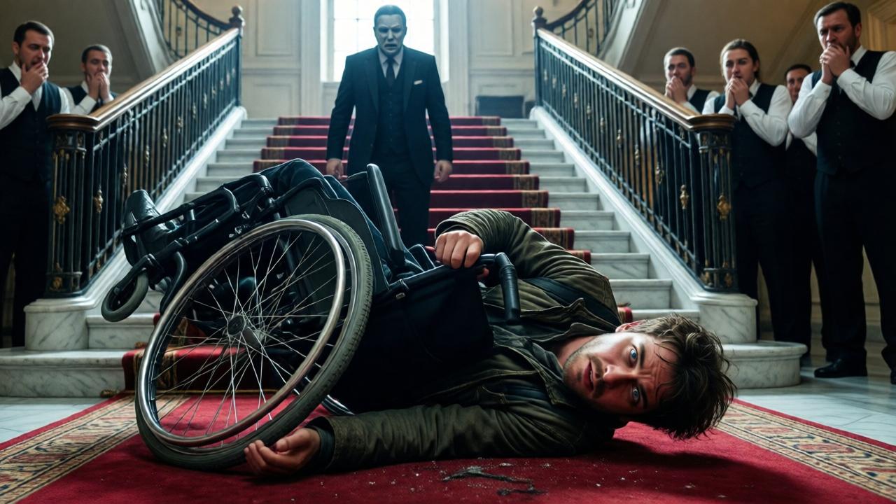 Momento de máximo drama y acción congelada: la silla de ruedas de Noah, vista desde un ángulo bajo, está volcada y destrozada en el rellano de la escalera de mármol. Noah yace junto a ella, pero sus ojos están abiertos, mirando fijamente a la cámara con una determinación feroz. En la parte superior de las escaleras, la figura de 'William' se recorta contra la luz, con una expresión de horror congelada. Los sirvientes, desenfocados en segundo plano, muestran caras de shock y manos llevadas a la boca. Iluminación dramática de claroscuro, con colores saturados que enfatizan el rojo de una alfombra y el blanco fantasmagórico del mármol.