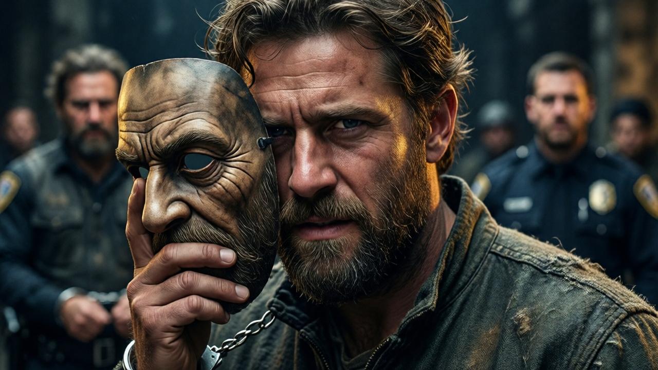 Primer plano intenso y emotivo de Noah, ahora de pie y con postura firme, agarrando la máscara hiperrealista del impostor con una mano. La máscara cuelga, grotesca y vacía. La luz ilumina solo la mitad de su rostro, mostrando una mezcla de dolor, triunfo y determinación absoluta. Detrás, desenfocado, se ve al impostor siendo esposado por la policía. El ambiente es de resolución dramática y revelación, con un juego de luces y sombras que crea un alto contraste. Los colores son profundos, con tonos dorados en los highlights y azules oscuros en las sombras.