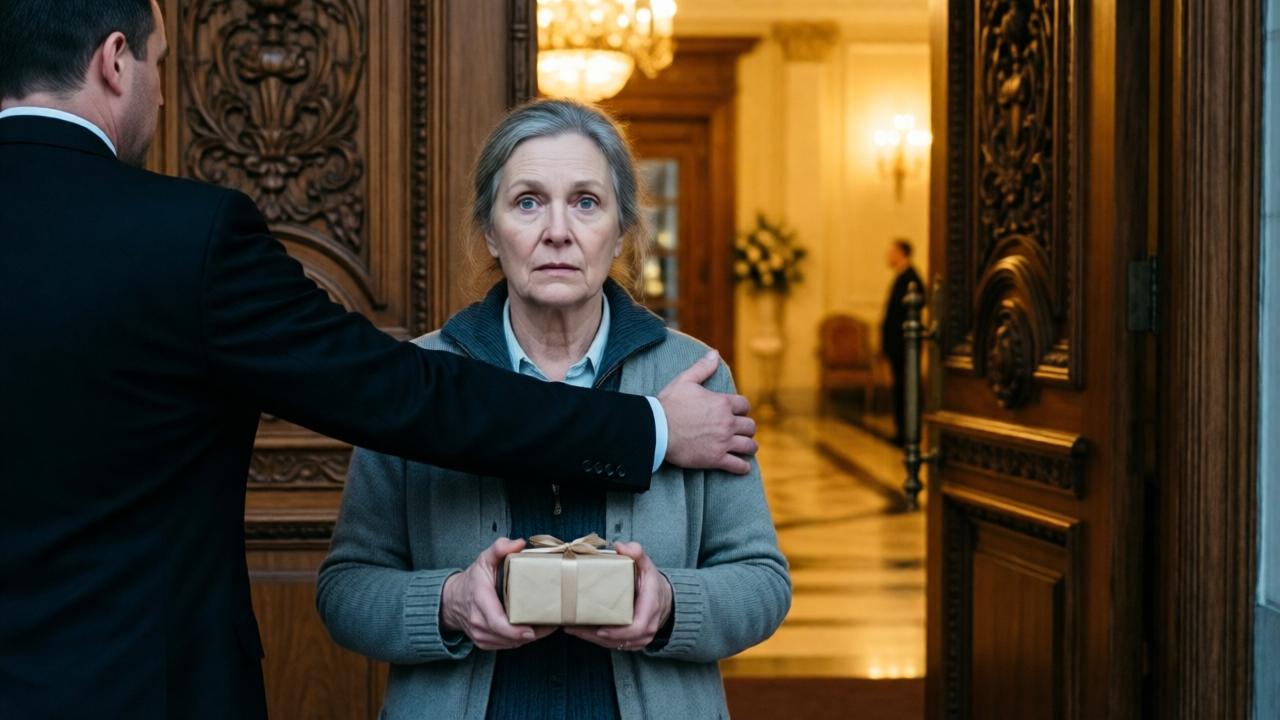 Una mujer mayor, Marion, de 56 años, con ropa humilde pero limpia, de pie frente a las enormes puertas de madera tallada de un lujoso salón de bodas. Un guardia de seguridad con traje negro le bloquea el paso con un brazo. La iluminación es dorada y cálida desde el interior del salón, contrastando con la luz fría del vestíbulo donde ella está. En sus manos, aprieta con fuerza una pequeña caja de regalo envuelta en papel sencillo. Su expresión es una mezcla de determinación y vulnerabilidad. Estilo cinematográfico, enfoque en sus ojos y en la caja, profundidad de campo reducida. Colores: dorados cálidos vs. azules fríos.