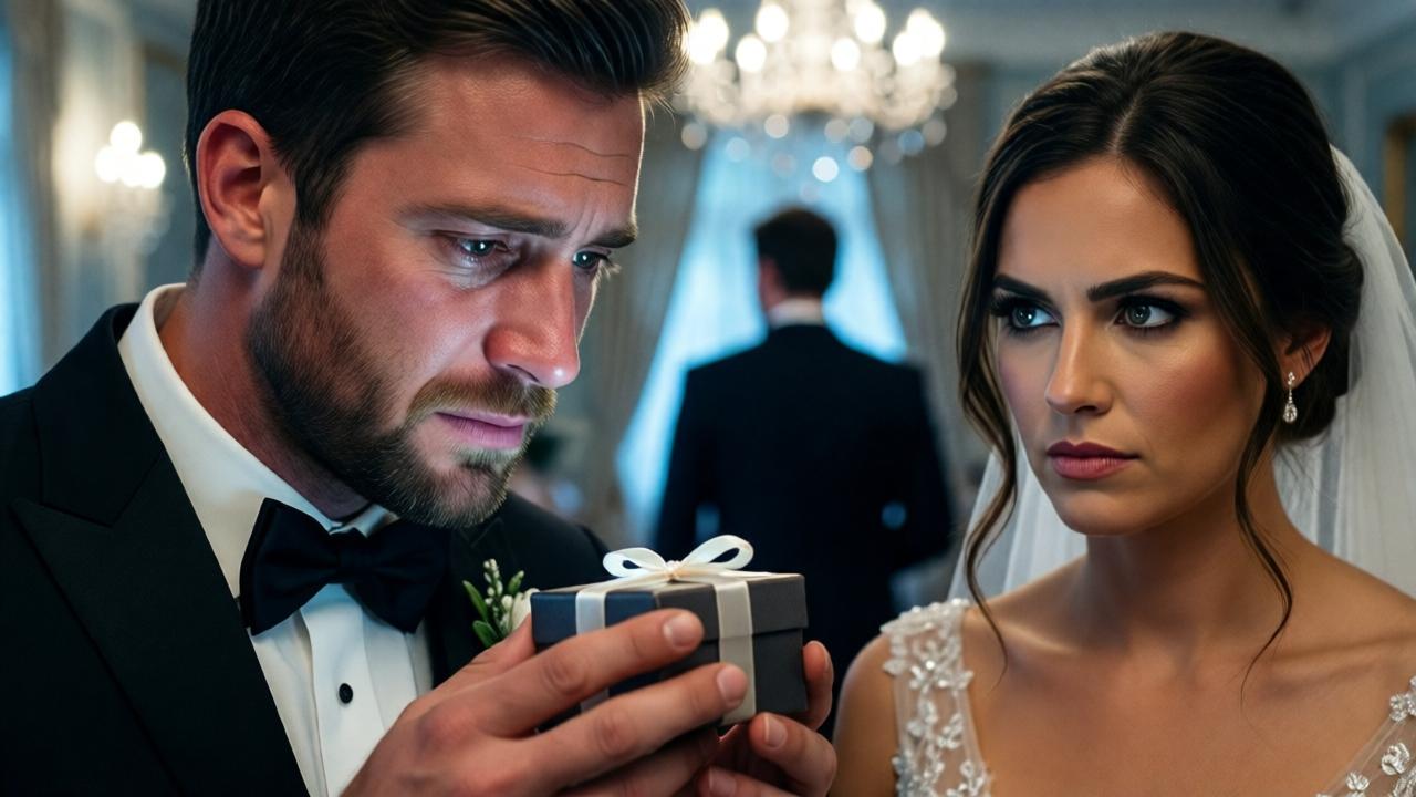 Un primer plano dramático de Kevin, el novio, con esmoquin, mirando la pequeña caja de regalo en sus manos. Su expresión es de profundo conflicto y dolor, los ojos vidriosos. A su lado, desenfocada pero presente, se ve la figura elegante de Victoria, su novia, observándolo con una mirada intensa y desafiante. En el fondo, borrosa, la silueta de Marion alejándose. La luz de los candelabros crea reflejos en sus ojos y en la caja. Estilo de retrato emocional, alto contraste, colores saturados pero con un tono general frío que comienza a calentarse. Enfoque nítido en los ojos de Kevin y la caja.