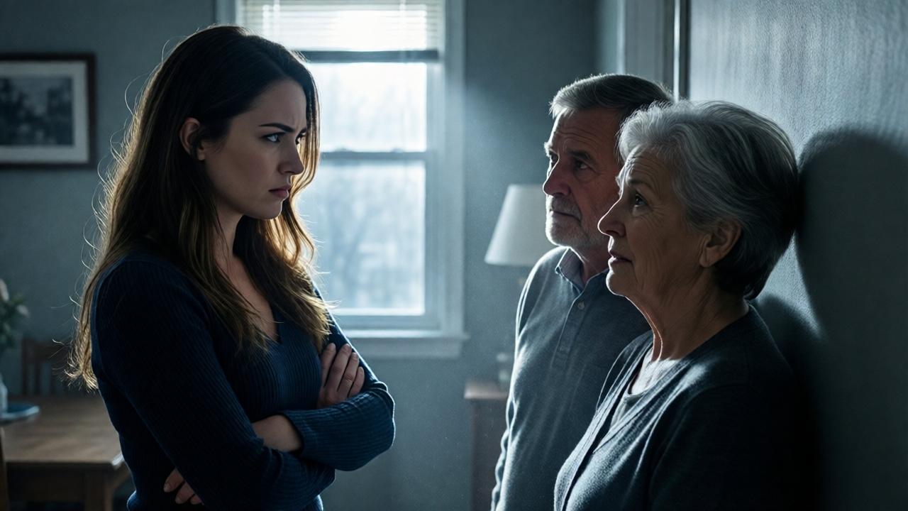 Interior dramático de un vestíbulo doméstico. Laura, con los brazos cruzados y una expresión de cruel desdén, mira a una pareja de ancianos acorralados contra una pared. La luz entra por una ventana, iluminando el polvo en el aire y creando un claroscuro intenso en sus rostros: el miedo en los ancianos, la malicia en Laura. Composición claustrofóbica, colores fríos (azules, grises), estilo cinematográfico con un enfoque nítido en los ojos de Laura, llenos de odio.