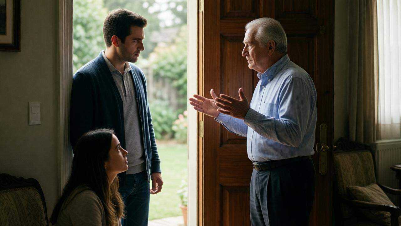 Escena en la entrada de una casa con iluminación contrastada pero suave. Pedro está de pie en la puerta abierta, iluminado por la luz exterior, con una expresión seria y contenida. Dentro de la casa, Laura está sentada en el suelo, mirándolo con una expresión preocupada. Entre ellos, el padre anciano, don Roberto, se encuentra de pie con las manos levantadas en un gesto calmado, intentando mediar la situación. La luz exterior entra suavemente en el interior, creando una separación visual entre los personajes. Estilo cinematográfico, colores suaves y atmósfera contenida.