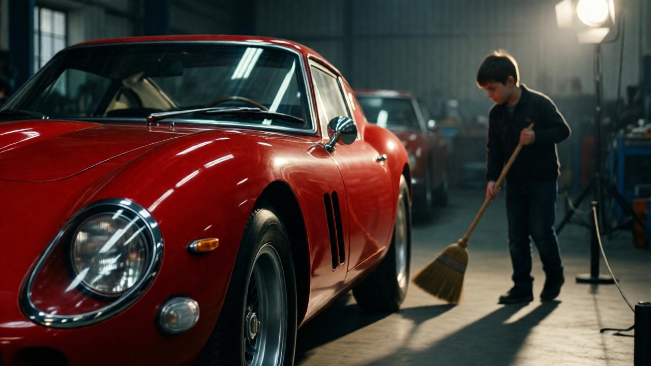 Un primer plano dramático y cinematográfico. Un Ferrari 250 GTO de color rojo escarlata bajo focos de taller que lo iluminan como a una reliquia en un museo. La pintura brilla, pero la escena transmite melancolía. En un segundo plano desenfocado, la silueta de un niño delgado con una escoba barre el suelo, su sombra alargada tocando el guardabarros del coche. Contraste entre la opulencia del automóvil y la humildad del niño. Estilo de iluminación de claroscuro, colores ricos y profundos, atmósfera de tensión y expectación.