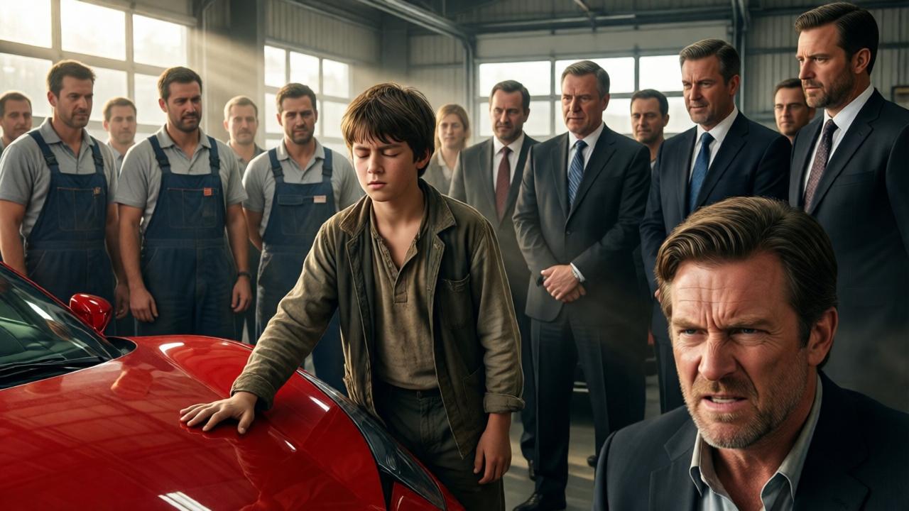 Escena de tensión máxima en un garaje de lujo. Un niño de 13 años, con ropa humilde, tiene una mano apoyada en el guardabarros de un Ferrari rojo. Sus ojos están cerrados, su rostro muestra una concentración absoluta. Alrededor, un círculo de técnicos en overoles y ejecutivos en traje caros lo miran con una mezcla de burla, incredulidad y curiosidad. En primer plano, el rostro de Preston Whitmore, congestionado por la ira y la humillación. La luz entra por las altas ventanas del garaje, creando haces de polvo que iluminan el momento. Composición dinámica, estilo cinematográfico, enfoque en la expresión del niño.