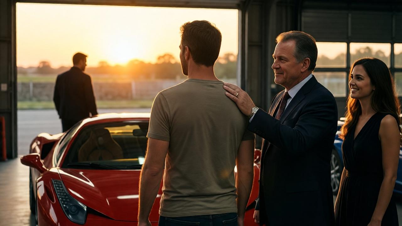 Un plano final poderoso y emotivo. Raymond, aún con sus ropas simples, está de pie frente al Ferrari ahora silencioso. Detrás de él, el dueño multimillonario, un hombre de mediana edad, le coloca una mano en el hombro con gesto de profundo respeto. A un lado, Victoria Ashford observa con una sonrisa de admiración. Al fondo, desenfocado y en penumbra, se ve la figura derrotada de Preston Whitmore, de espaldas, mirando por la ventana. La luz del atardecer entra por las puertas abiertas del garaje, bañando la escena en tonos dorados y anaranjados, simbolizando un nuevo comienzo. Estilo pictórico, emocional y conmovedor.