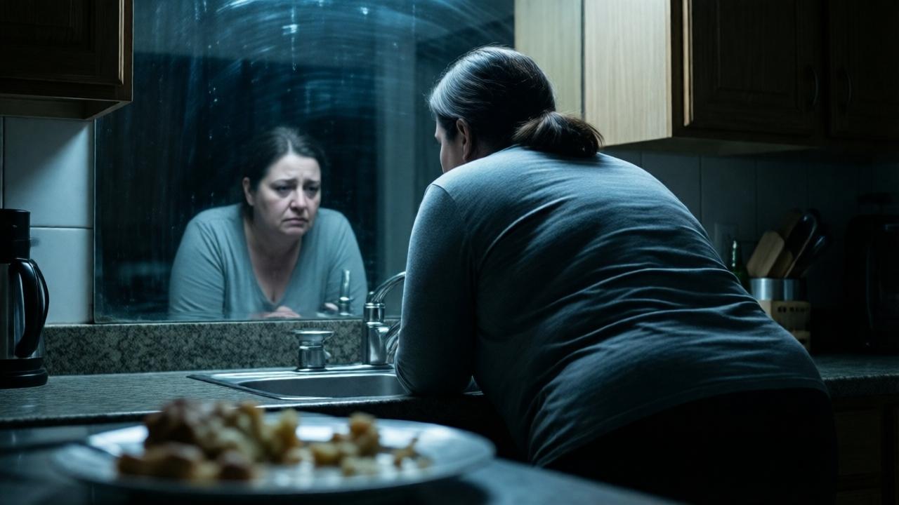 Una mujer de mediana edad, Carmen, vista desde atrás, mirando su reflejo en el espejo oscuro de una cocina por la noche. La luz es tenue y fría, iluminando solo su silueta redondeada contra el cristal. Su postura es encorvada, de derrota. En el reflejo apenas se distingue su rostro, pero se percibe una profunda tristeza. En primer plano, desenfocado, se ve un plato de comida a medio terminar. Estilo cinematográfico dramático, con alto contraste y colores fríos (azules, grises). Composición que transmite aislamiento y presión emocional.