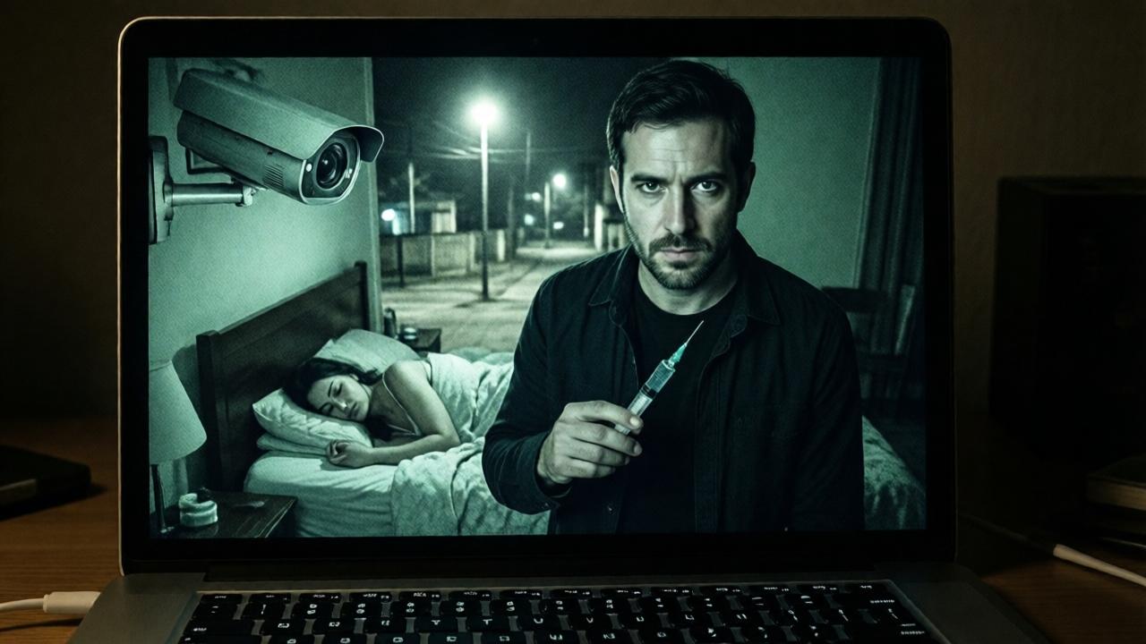 Primer plano extremo de una pantalla de ordenador portátil en una habitación a oscuras. En la pantalla, se ve la imagen granulada de vídeo nocturno de una cámara oculta. Se distingue la figura de un hombre, Pedro, de pie junto a la cama donde yace Carmen dormida. Él sostiene una jeringuilla en la mano, y su rostro, iluminado por la tenue luz de una farola exterior, muestra una expresión de concentración fría y determinada, casi científica. El ambiente es de suspense absoluto. Estilo de thriller, iluminación de clave baja, colores verdes y negros predominantes del visor nocturno.