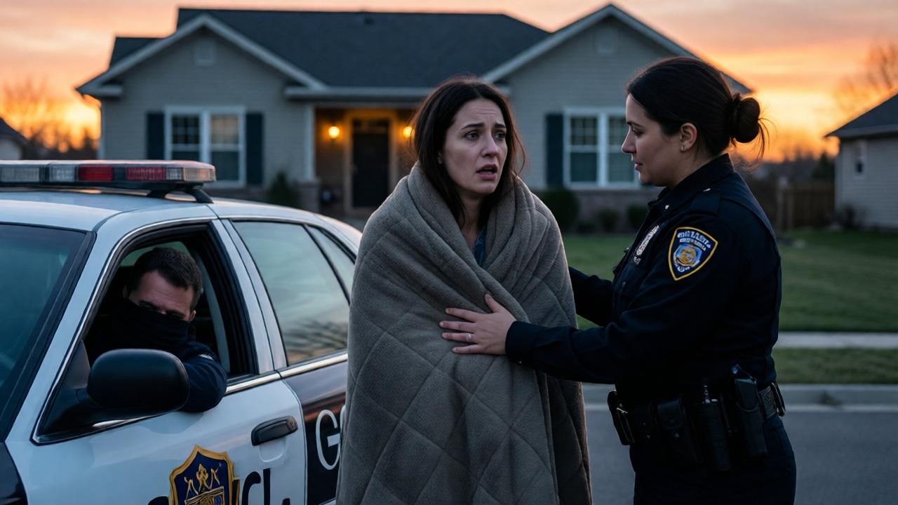 Escena dramática al amanecer frente a una casa. Carmen, ahora más delgada pero con una expresión de shock y agotamiento, está envuelta en una manta térmica por una agente de policía mujer, quien le ofrece consuelo. A unos metros, Pedro es introducido en el asiento trasero de un coche patrulla, su rostro está oculto. La luz del alba, anaranjada y fría, baña la escena, creando largas sombras. Hay una sensación de resolución trágica y comienzo. Composición amplia que muestra la separación física y emocional entre los personajes. Estilo cinematográfico, emocionalmente cargado, con un enfoque en el contraste entre la vulnerabilidad de Carmen y el final de la farsa de Pedro.