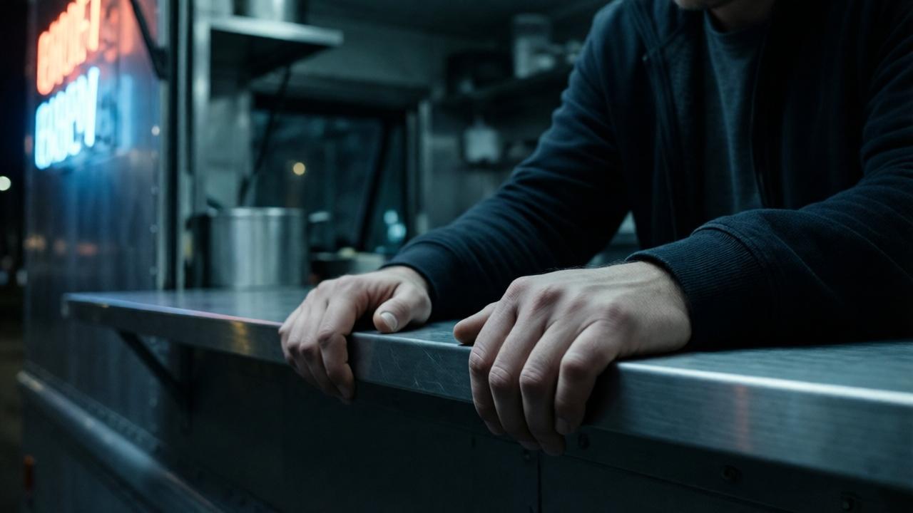 Un primer plano dramático y con poca luz de las manos de un hombre, Daniel, temblorosas y con nudillos blancos, aferradas al borde de un mostrador de acero en una camioneta de comida vacía. La única iluminación proviene del tenue letrero de neón de la camioneta, proyectando sombras profundas y largas. El estilo es cinematográfico, con un enfoque suave en las manos y el desenfoque del interior oscuro de la camioneta, transmitiendo soledad, desesperación y tensión. Colores fríos dominan: azules oscuros y grises, con un único toque cálido del letrero. Composición íntima y angustiosa.