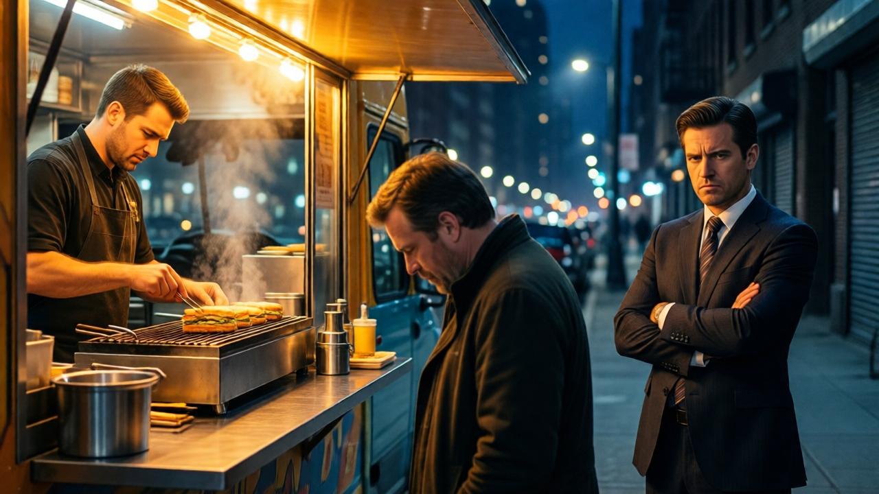 Escena de contraste dramático en una calle urbana nocturna. A la izquierda, en primer plano, Daniel dentro de la camioneta de comida, iluminado por una luz cálida y dorada, concentrado mientras asa meticulosamente un sándwich. A la derecha, en la acera opuesta y semi-en sombras, un hombre elegante con traje mira la escena con una expresión de desdén y escepticismo, sus brazos cruzados. Entre ellos, en el centro de la composición y ligeramente desenfocado, el hombre hambriento espera, con la cabeza gacha. El estilo es cinematográfico, con un uso dramático de la luz (cálida vs. fría) para enfatizar el conflicto moral. Colores: naranjas y amarillos cálidos en la camioneta contra azules y grises fríos en la calle.