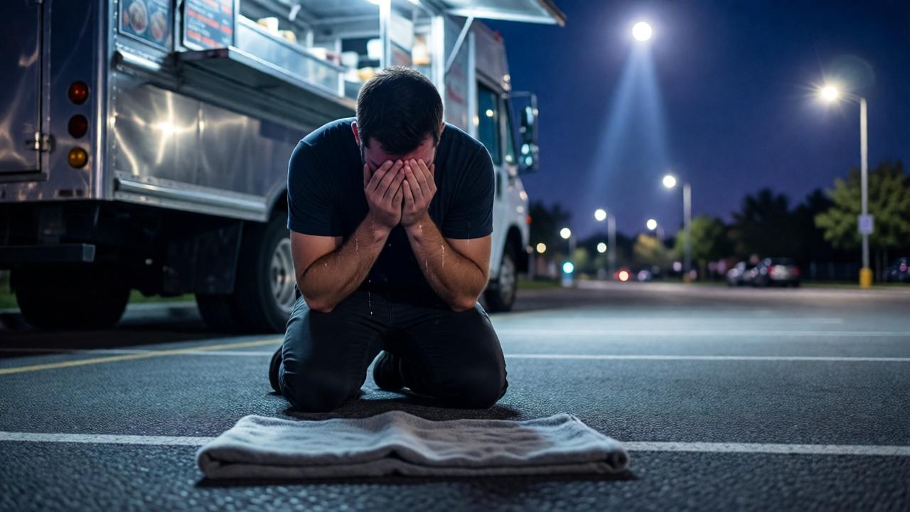 Una poderosa escena nocturna de resolución y emoción. Daniel, de rodillas en el suelo del estacionamiento detrás de su camioneta de comida, iluminado por la luz de la luna y el tenue resplandor de las farolas. Su rostro está enterrado en sus manos, pero se ven lágrimas brillantes cayendo por sus muñecas. A su alrededor, el suelo está limpio. En primer plano, sobre el asfalto, hay un trapo limpio y perfectamente doblado, colocado con cuidado, simbolizando el acto de dignidad que lo precedió. El estilo es profundamente emotivo y cinematográfico, con un enfoque suave en Daniel y el trapo, y un desenfoque de la camioneta y la calle ahora vacía. Colores: tonos nocturnos azules y púrpuras, con un haz de luz lunar plateada iluminando la escena central. Composición que evoca paz, gratitud y un milagro silencioso.