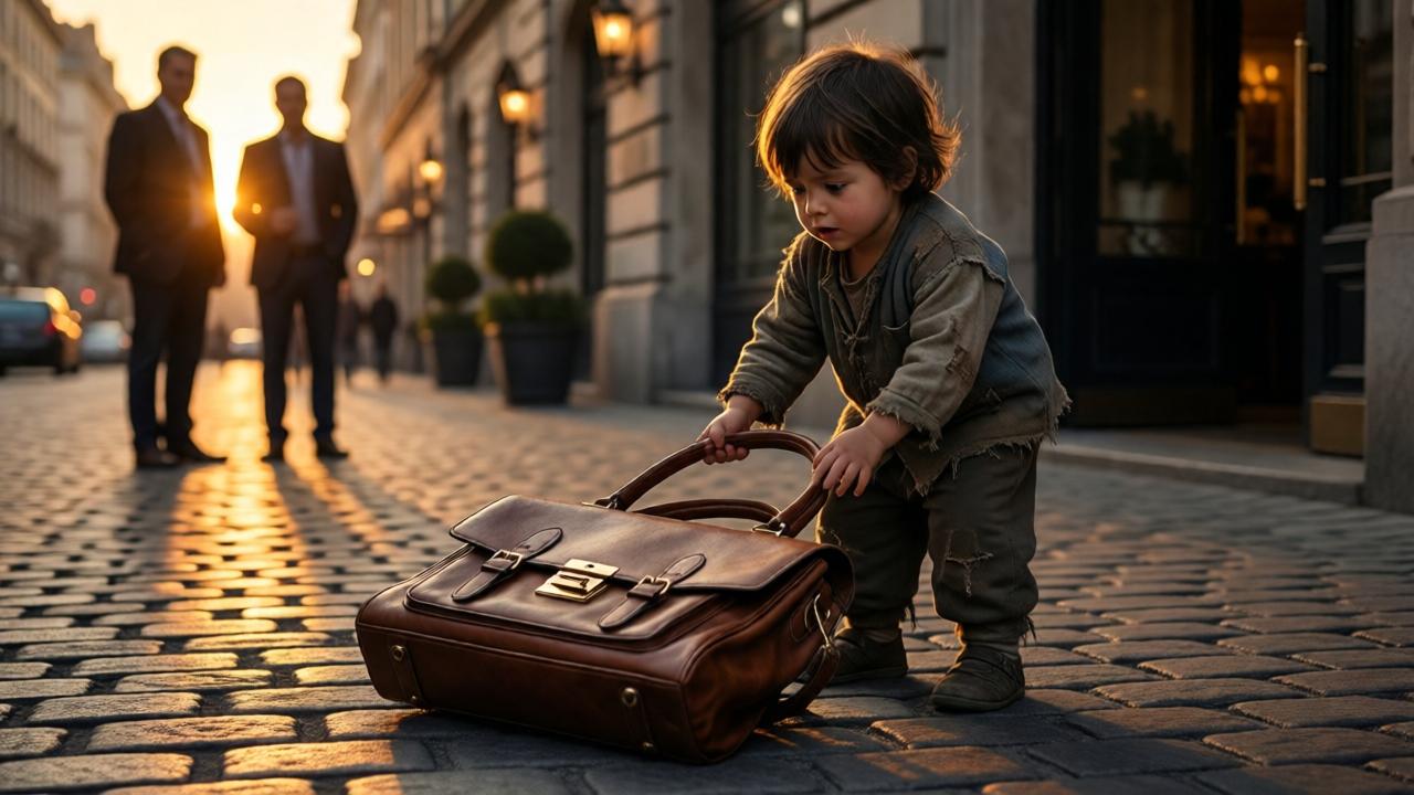 Escena dramática en una calle adoquinada de una ciudad rica, al atardecer. Un niño pequeño con ropa humilde y desgastada se detiene frente a un elegante bolso de cuero marrón que yace en el suelo. La luz dorada del sol poniente ilumina el bolso y la expresión de asombro en el rostro del niño. Al fondo, desenfocados, se ven las siluetas de dos hombres observando desde la entrada de un edificio lujoso. Estilo cinematográfico, tonos cálidos y contrastados, enfoque selectivo en el bolso y las manos del niño. Sensación de suspense y momento crucial.
