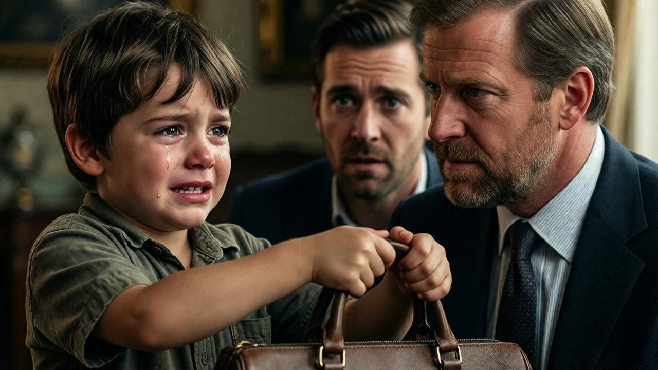 Primer plano intenso y emotivo del niño Noah, de pie frente al millonario William. El niño extiende el bolso con ambas manos, sus brazos temblorosos. Su rostro muestra una mezcla de miedo, resignación y una chispa de orgullo. William lo mira con una expresión seria pero no severa, de profunda evaluación. Jason, al lado de su padre, luce desconcertado y avergonzado. La composición usa luz lateral que acentúa las lágrimas que brillan en los ojos de Noah y la textura de la ropa. Estilo de retrato dramático, colores terrosos, enfoque nítido en los ojos y las manos que entregan el bolso.