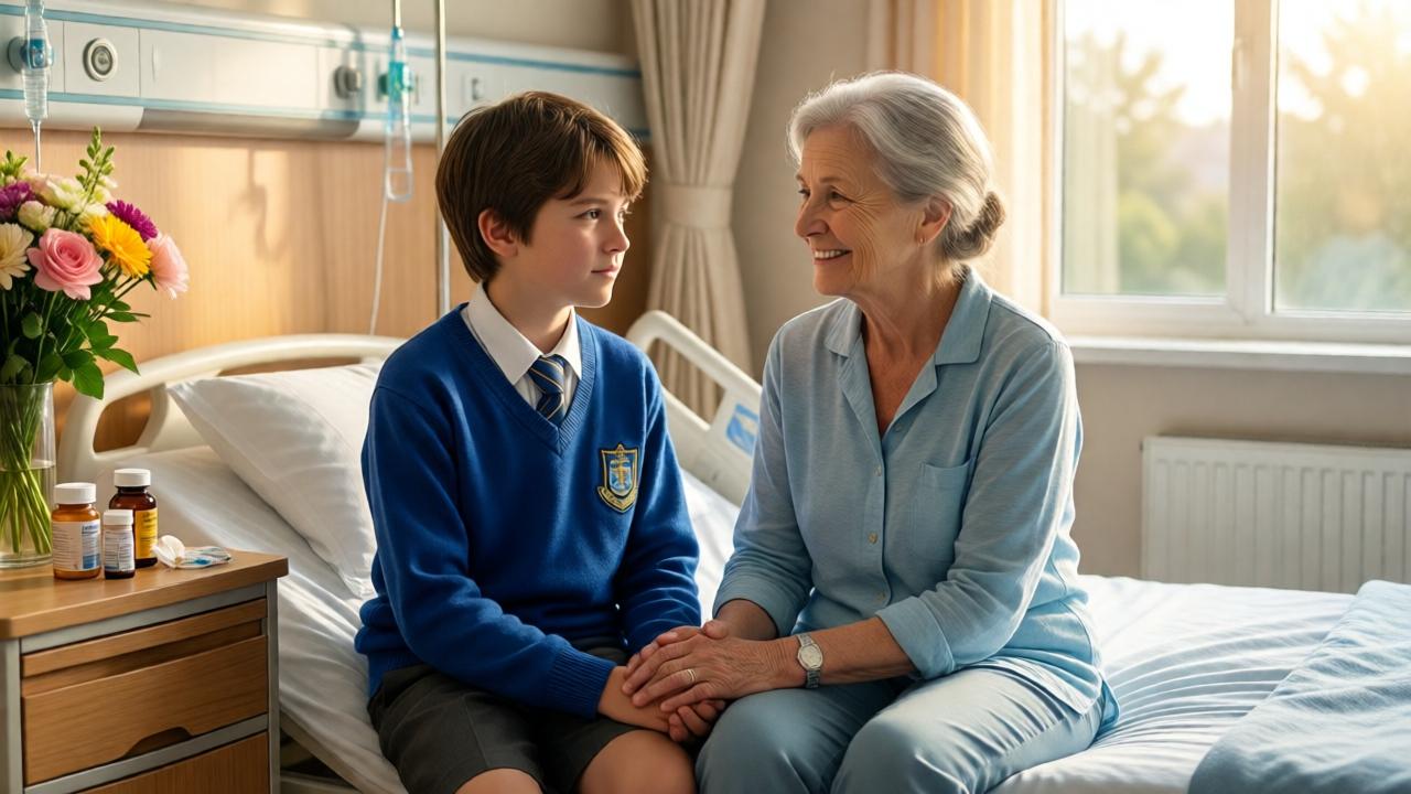 Escena final conmovedora y llena de esperanza. Noah, ahora con un uniforme escolar limpio y nuevo, está sentado al lado de la cama de su madre en un hospital luminoso. La madre, pálida pero sonriente, sostiene su mano. En la mesilla de noche hay medicinas y un ramo de flores frescas. La luz de la mañana entra por la ventana, bañando la escena en un aura cálida y prometedora. La expresión de Noah es de paz y alivio profundo. Estilo realista y emotivo, colores claros y luminosos, sensación de redención y nuevo comienzo.